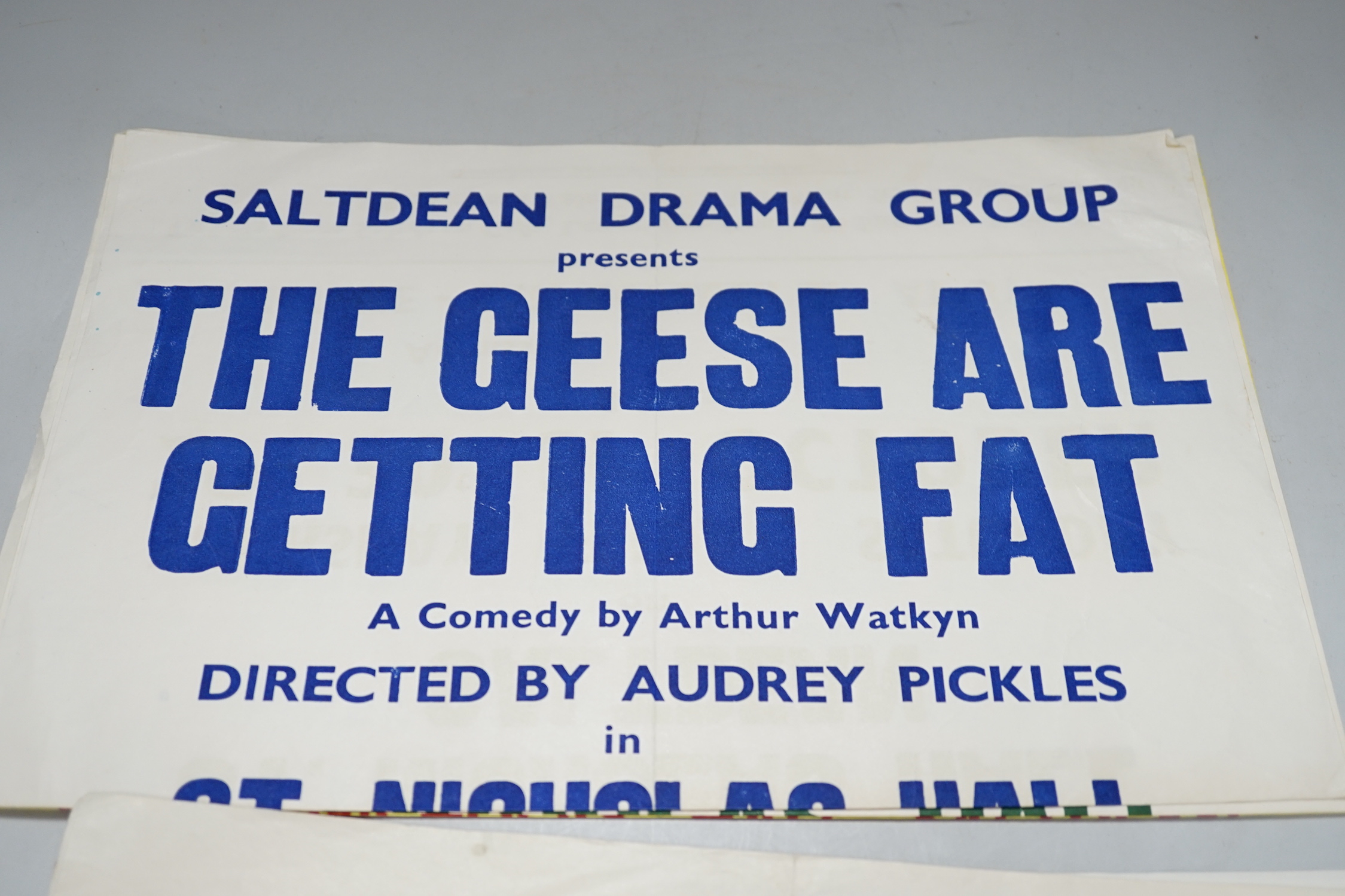 Six 1940s unframed posters, Saltdean Drama Group, ‘A Letter From the General’, ‘Blithe Spirit’, ‘Count Your Blessings’, etc. 38cm x 50.5cm